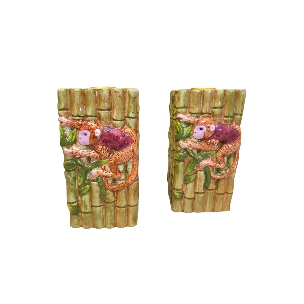 Vtg Pair of Candle Holders, Bamboo With Monkeys, Ceramic,cbk LLC, 1998,5" Tall‎